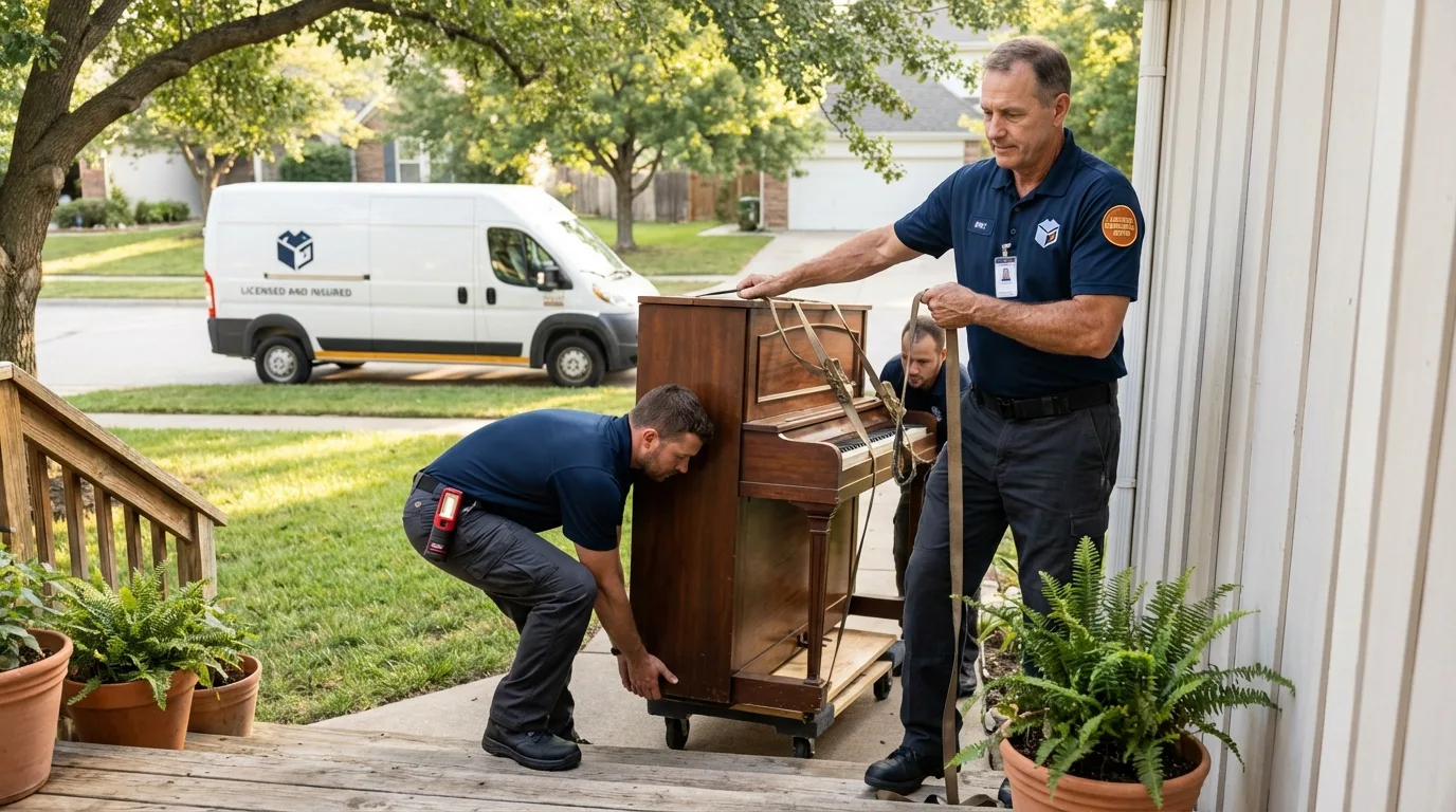 Licensed piano movers securing grand piano in Lamesa, TX