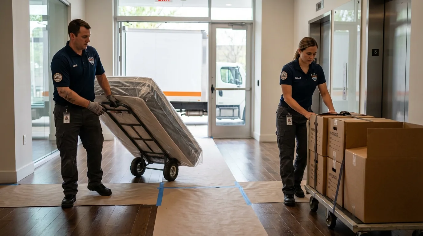 Professional apartment movers loading elevator in Lamesa, TX